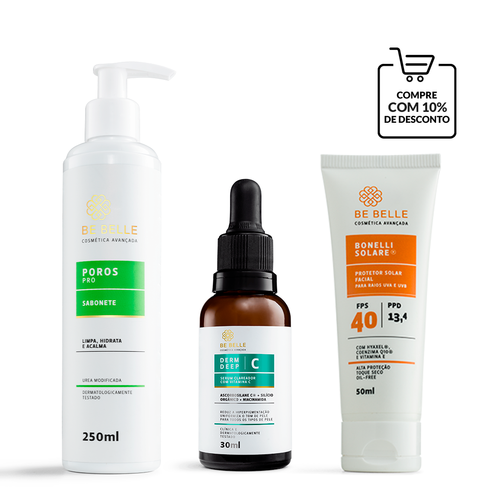 Kit Skincare Diário -  Frascos Sabonete Hidratante Poros, Vitamina C Derm Deep C e Protetor Solar Bonelli Solare
