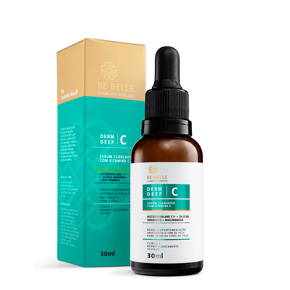 Frasco da vitamina C Derm Deep C Be Belle. Atrás, a caixa da Vitamina C Derm Deep C Be Belle.